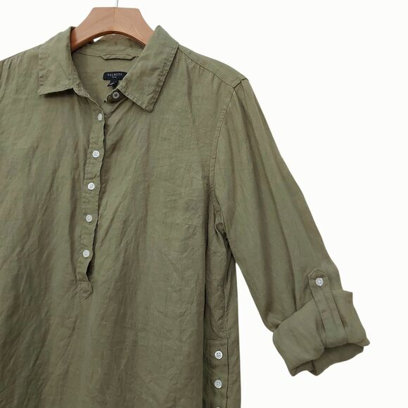 Talbots Tunic Top Womens Large Petite Green Linen Roll Tab Sleeve Beach Coastal - Picture 2 of 10